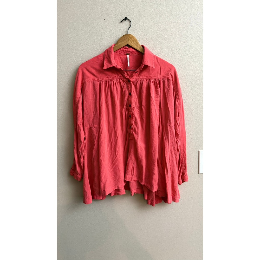Free People Lovely Day Tunic Small Coral Pink Oversized Boho Button Down